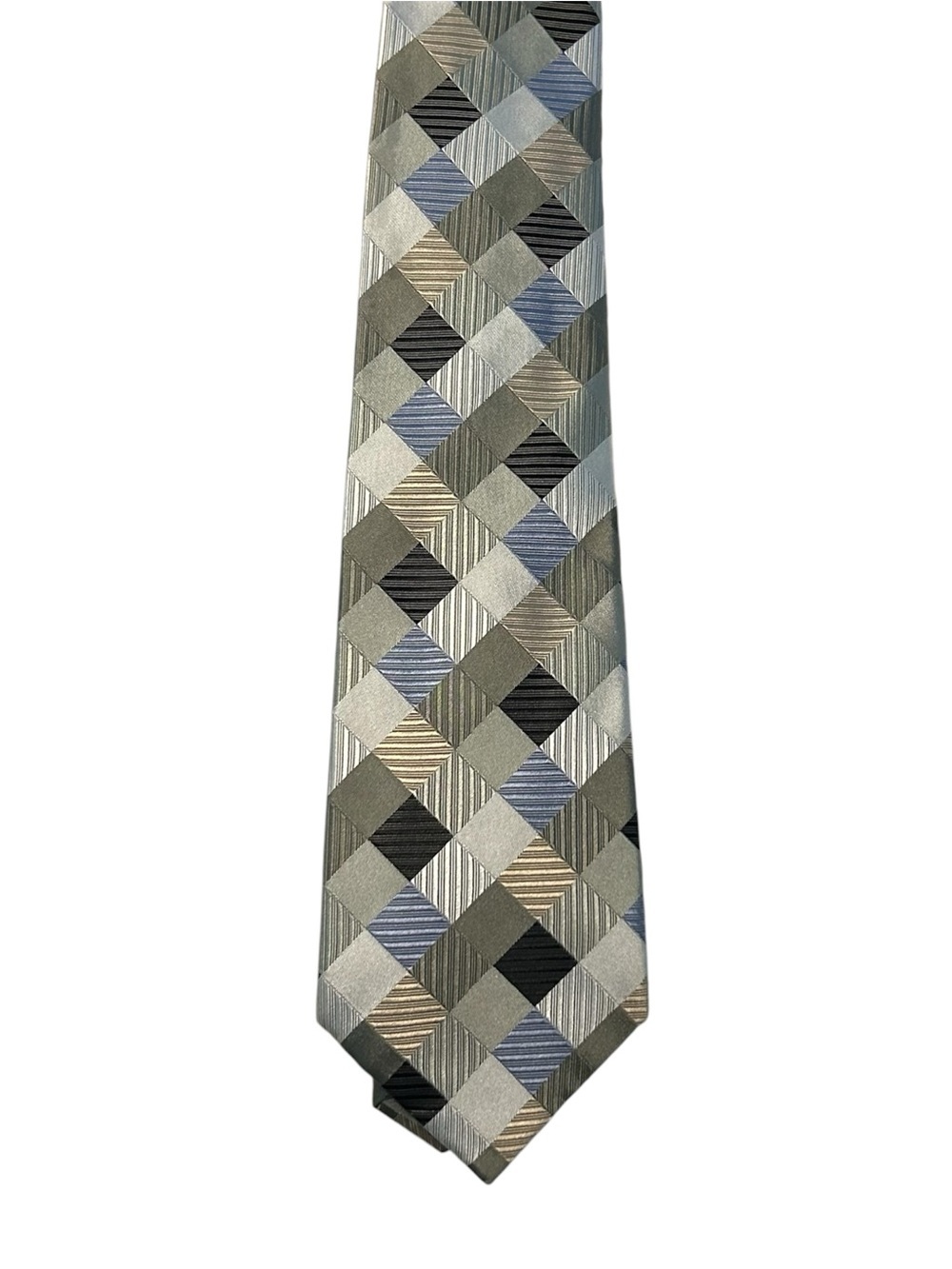 Geometric Diamond Pattern Necktie Silk Silver Sage Blue Gold Woven Business Tie